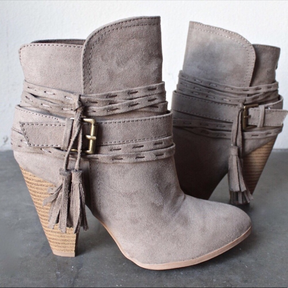 Taupe Suede Ankle Bootie Tassel Buckle Block Heel - Picture 2 of 4